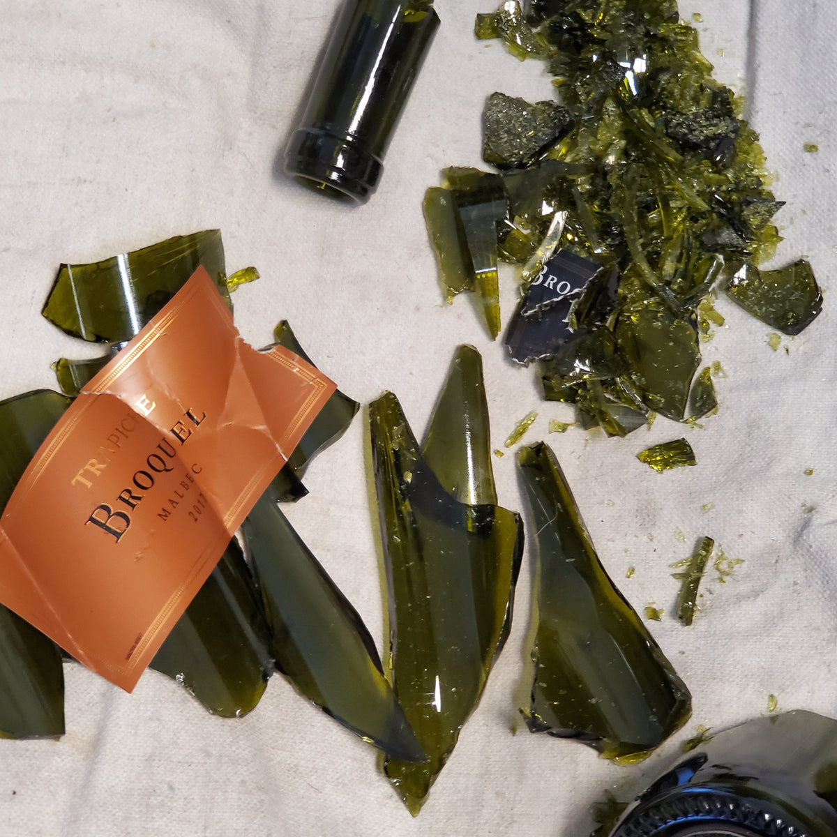 Broken pieces of a green glass bottle, ready to be cut and reused in a project